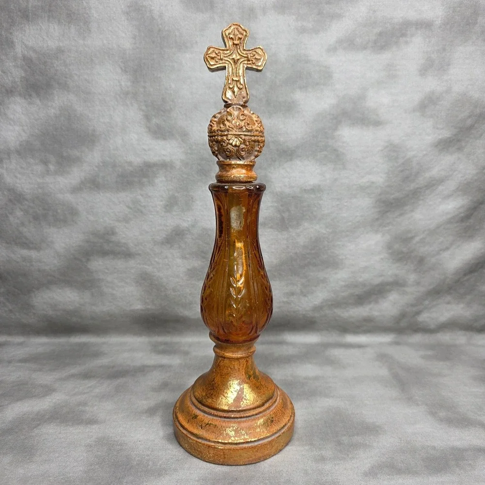 Amber Glass & Gold Flake Wood Cross Decorative Decor Bookshelf Antique 13.25